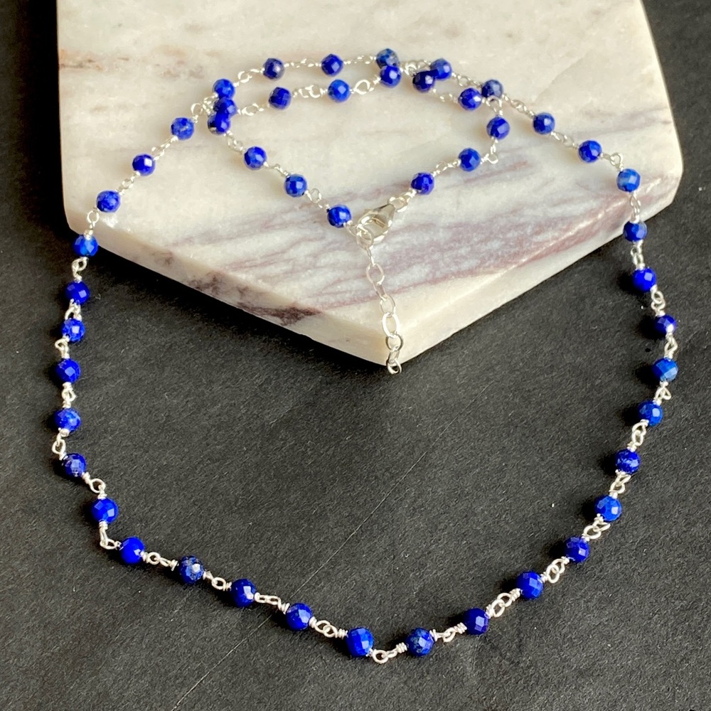 Lapis Lazuli Necklace/ Choker Sterling Silver Blue Rosary Chain Sterling Silver